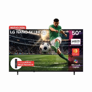 Vista frontal de TV LG NANO 4K UHD AI NU855 de 50 pulgadas 2026 50NU855BPSA